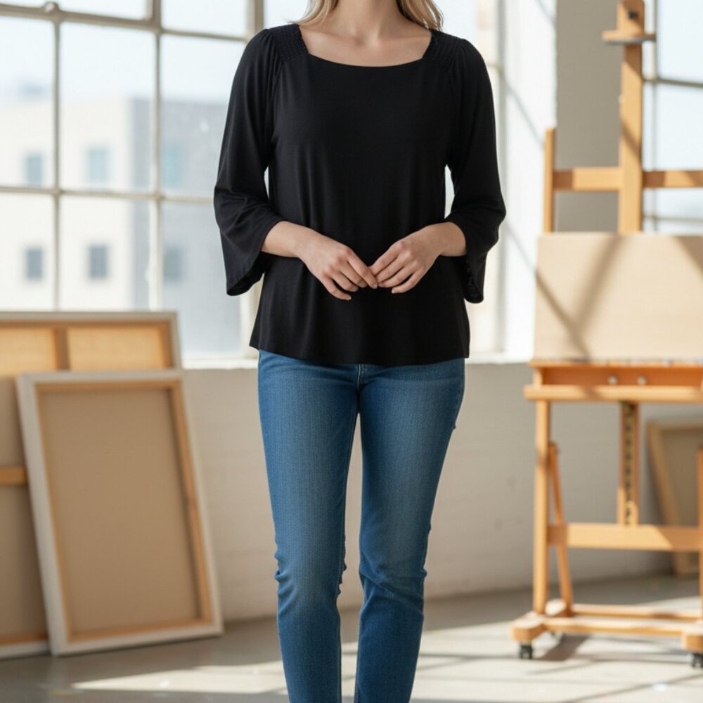 Iman Global Chic Black Top With Smocked Shoulders &‎ Draped Neckline